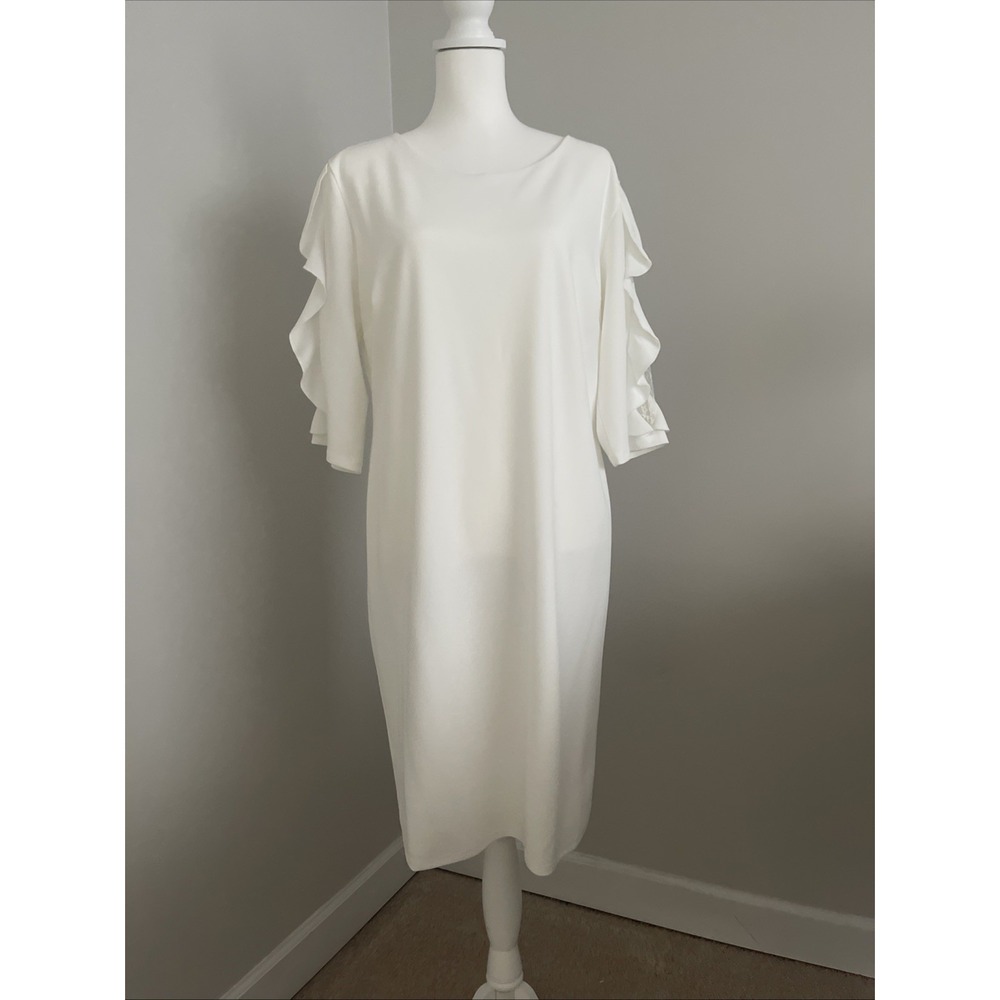 Cato Women's Dress Round Neck Lace Ruffle Detail Short Sleeve White 16